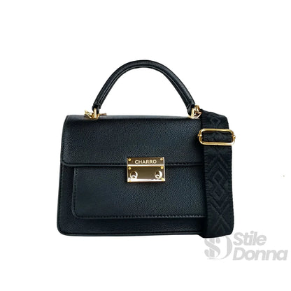 Charro Black Faux Leather Bag with Gold Metal Hardware