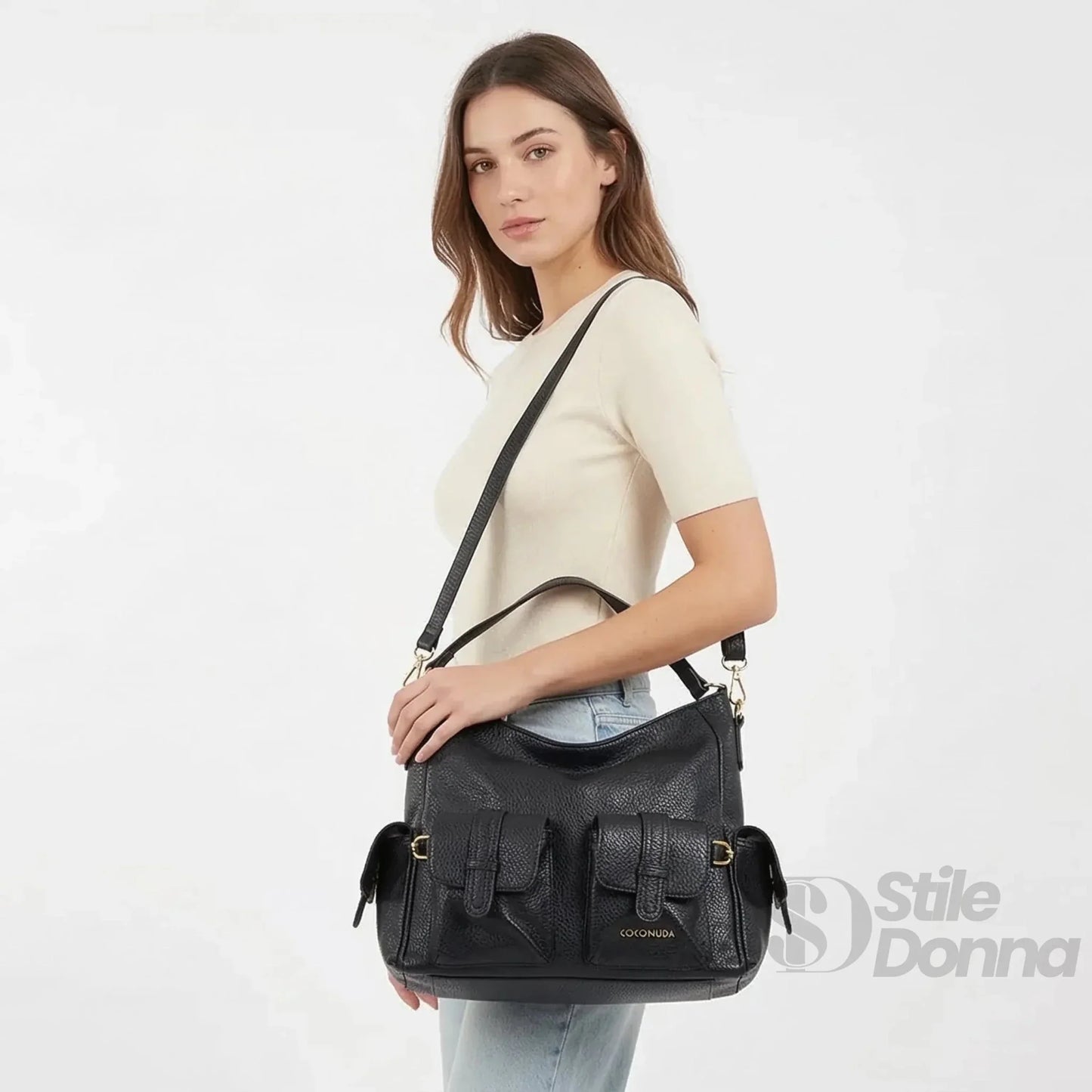 Coconuda Borsa Shopper in Ecopelle Nera con Tasche Multiple