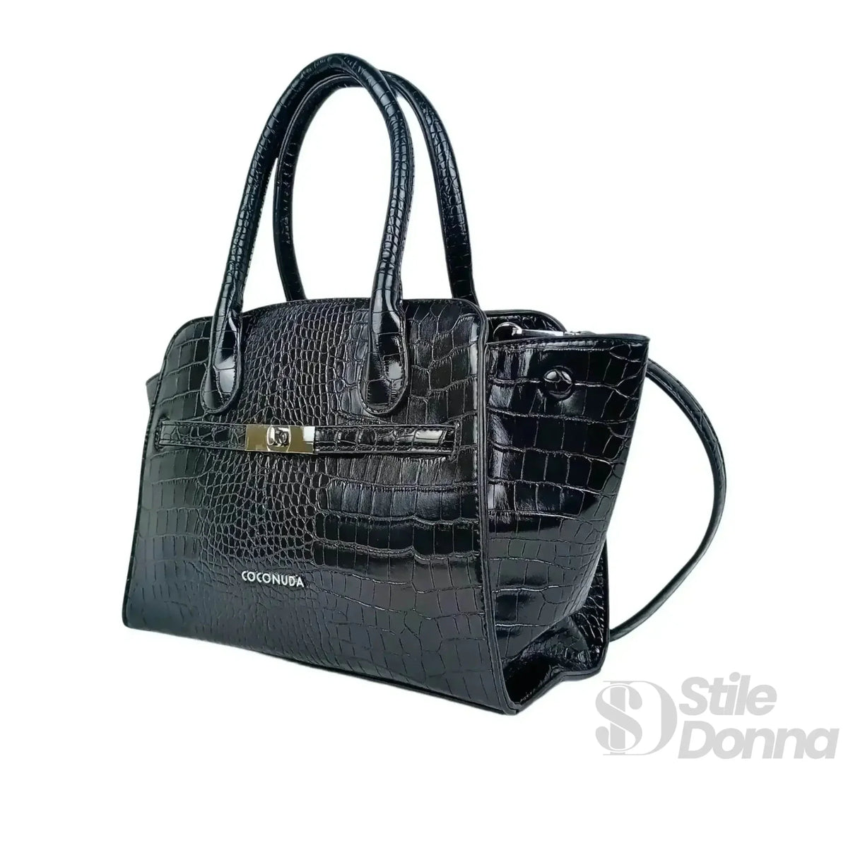 Coconuda Black Glossy Patent Leather Handbag with Handles