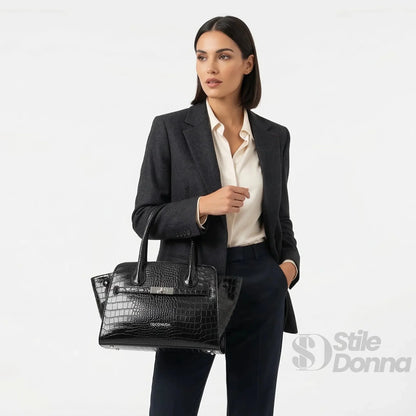 Coconuda Black Glossy Patent Leather Handbag with Handles