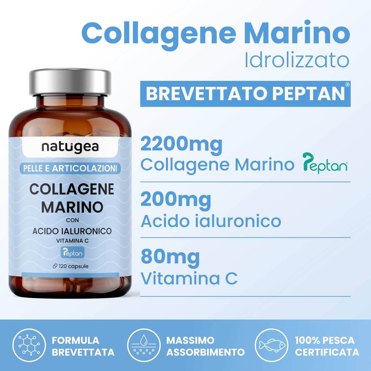 Collagene marino idrolizzato per pelle e articolazioni 2200mg – Peptan® Tipo 1 con Acido Ialuronico e Vitamina C