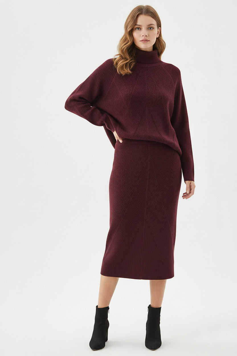Completo Donna Due Pezzi Elegante con Maglione Collo Alto e Gonna Lunga