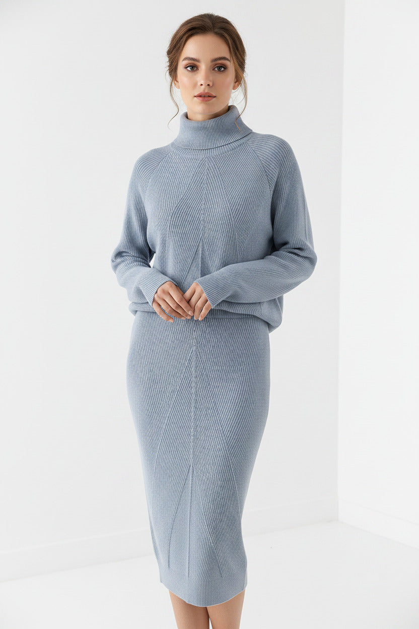 Completo Donna Due Pezzi Elegante con Maglione Collo Alto e Gonna Lunga