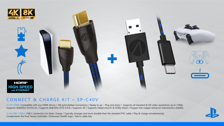 Kit Charge E Connect Stealth PS5 Controller-Ladekabel + HDMI 4K 2M Kabel