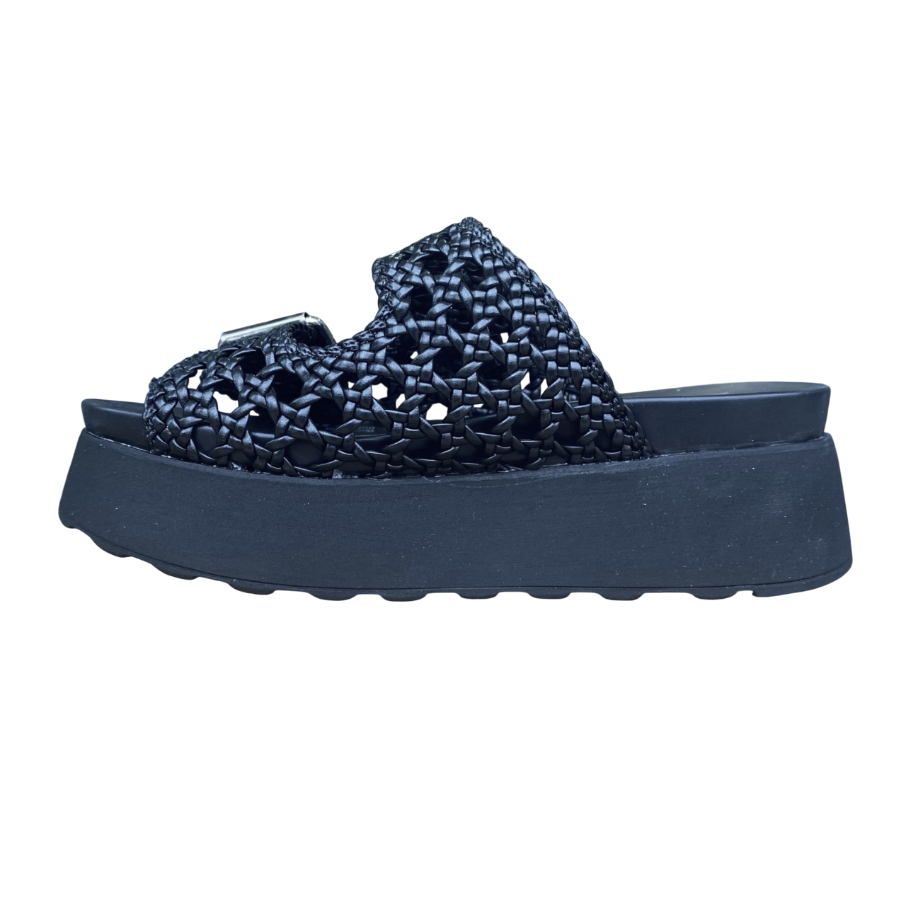 Cult sandalo da donna due fasce in pelle intrecciata impreziosite da fibbie in metallo con logo