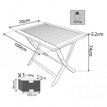 Tavolo pieghevole in acacia massiccio 100x70 cm, altezza 74 cm