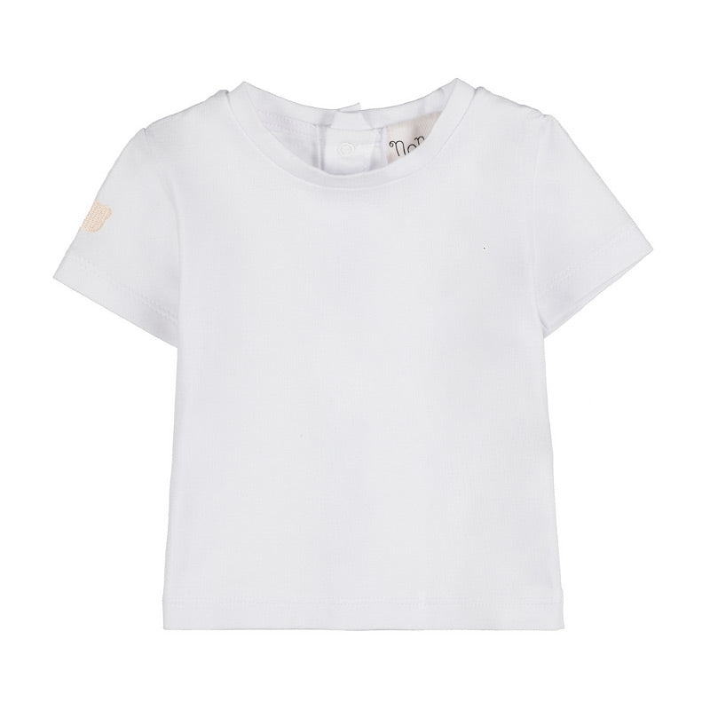 Salopette beige con t-shirt