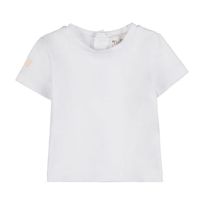 Salopette beige con t-shirt