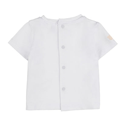 Salopette beige con t-shirt