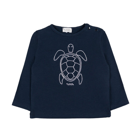 T-shirt blu a manica lunga con tartaruga