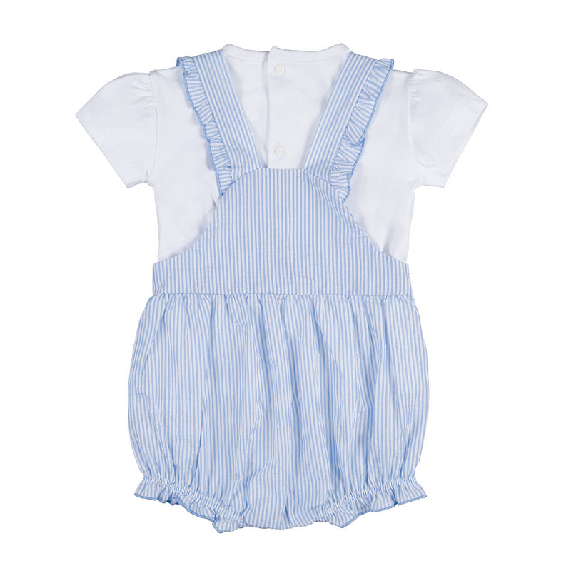 T-shirt bianca con salopette a righe azzurre e bianche