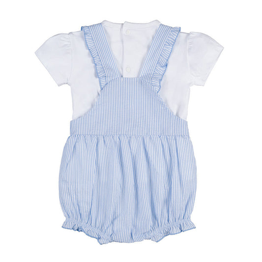 T-shirt bianca con salopette a righe azzurre e bianche