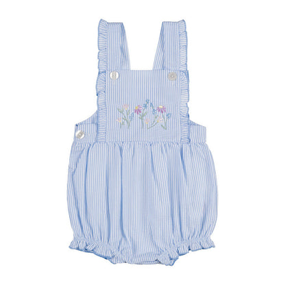T-shirt bianca con salopette a righe azzurre e bianche