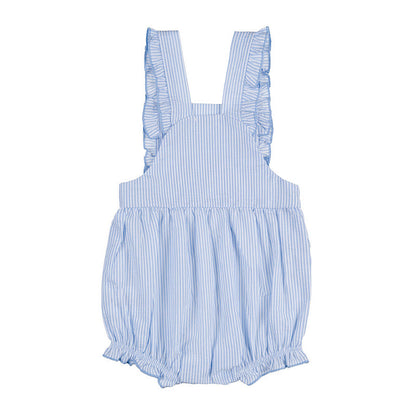 T-shirt bianca con salopette a righe azzurre e bianche