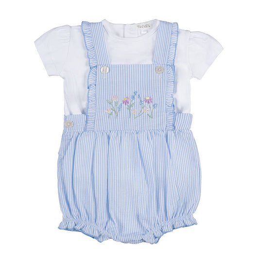T-shirt bianca con salopette a righe azzurre e bianche