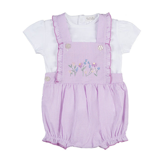 T-shirt bianca con salopette a righe lilla e bianche