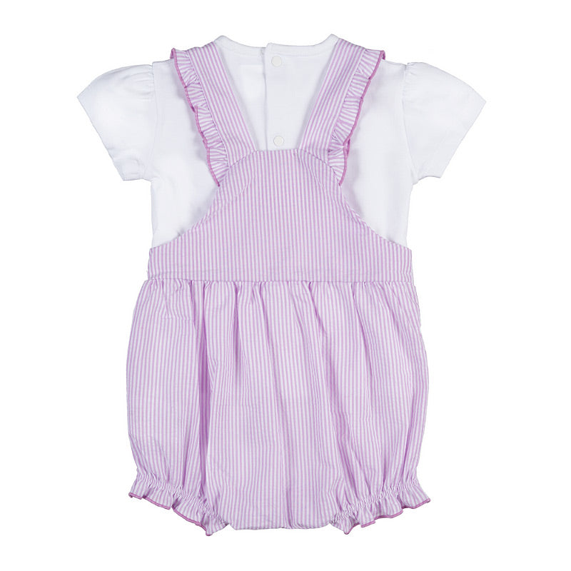 T-shirt bianca con salopette a righe lilla e bianche