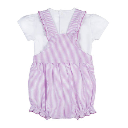 T-shirt bianca con salopette a righe lilla e bianche