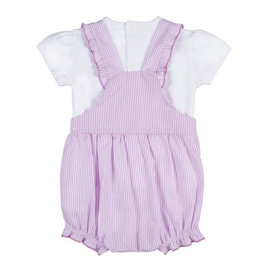 T-shirt bianca con salopette a righe lilla e bianche