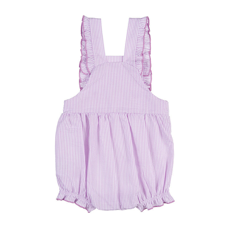 T-shirt bianca con salopette a righe lilla e bianche