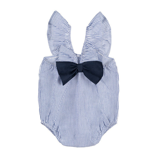 Pagliaccetto a righe blu con fiocco