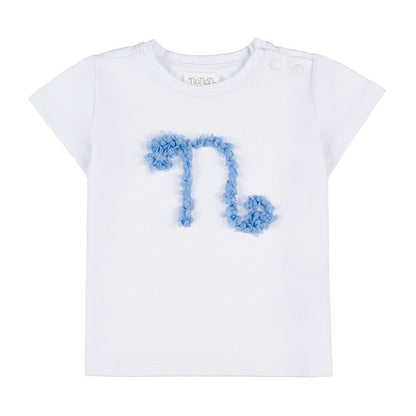 T-shirt bianca con petali azzurri