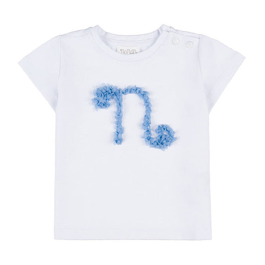 T-shirt bianca con petali azzurri