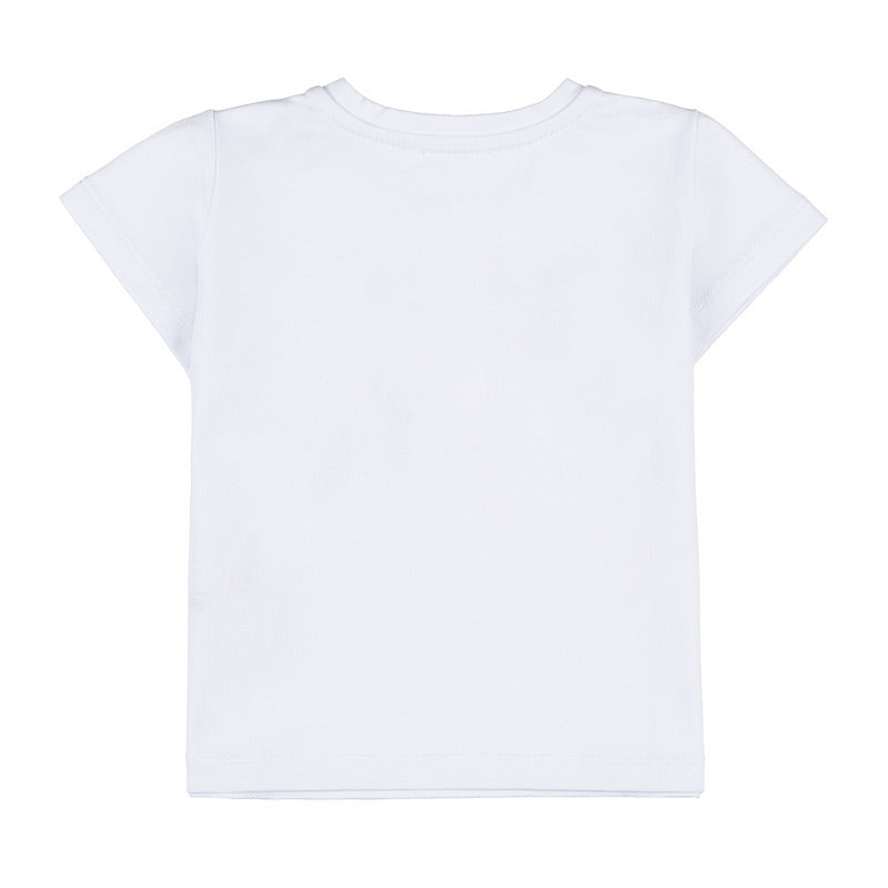 T-shirt bianca con petali azzurri