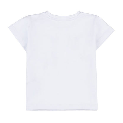 T-shirt bianca con petali azzurri