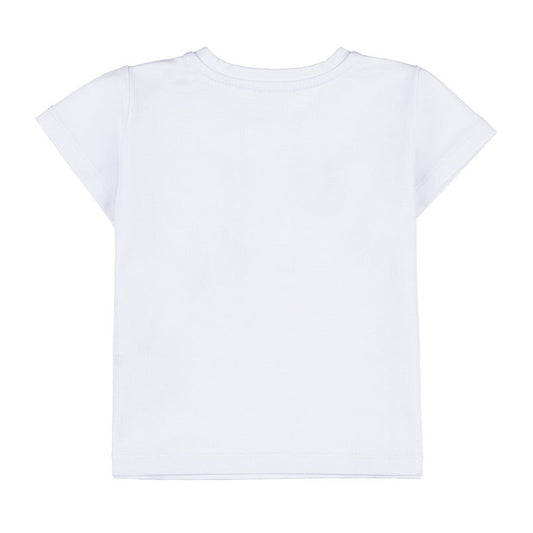 T-shirt bianca con petali azzurri