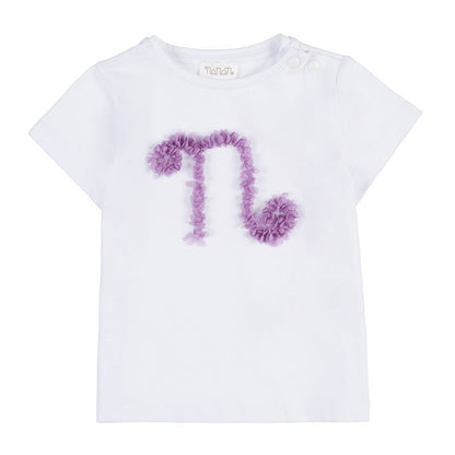 T-shirt bianca con petali lilla