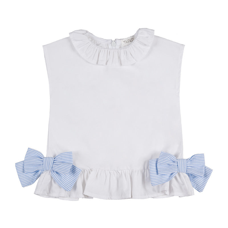 Blusa  bianca con frappa e fiocchi a righe azzurri