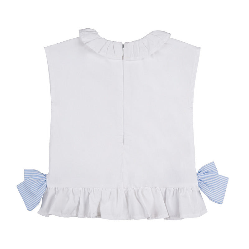Blusa  bianca con frappa e fiocchi a righe azzurri