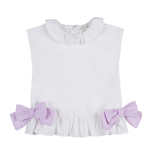 Blusa  bianca con frappa e fiocchi a righe lilla