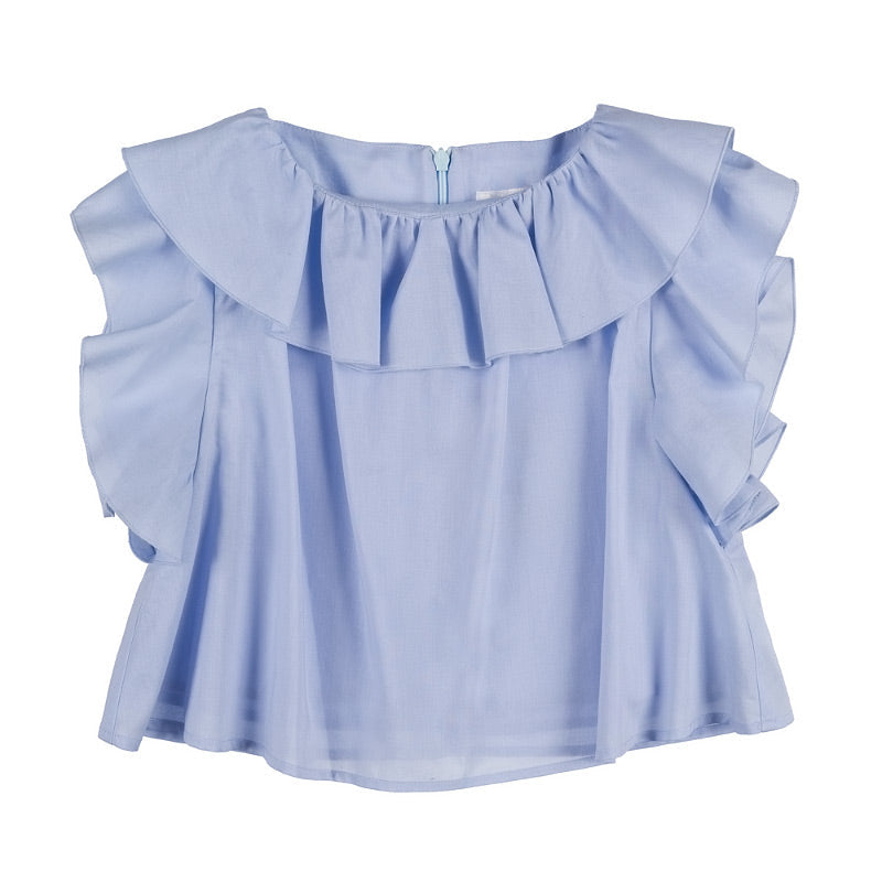 Blusa azzurra con frappe