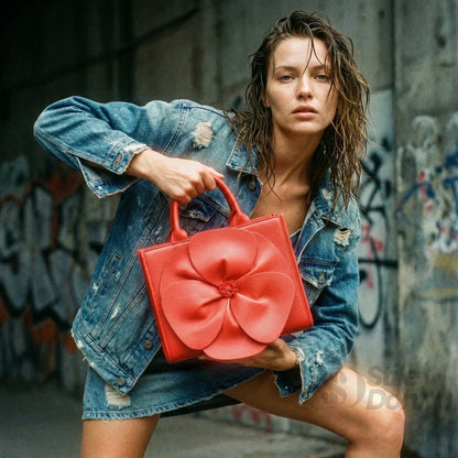 Enrico Coveri Borsa a Mano in Ecopelle Rossa con Ricamo Floreale