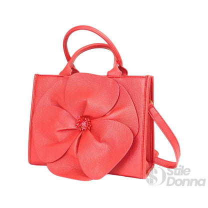 Enrico Coveri Borsa a Mano in Ecopelle Rossa con Ricamo Floreale