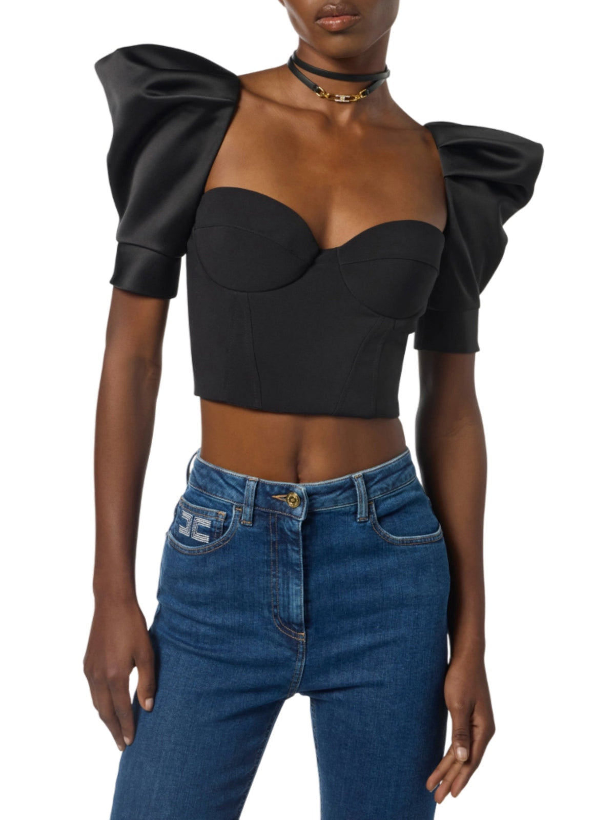 Elisabetta Franchi black crepe and duchesse top with balloon sleeves