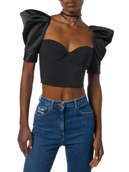 Elisabetta Franchi black crepe and duchesse top with balloon sleeves