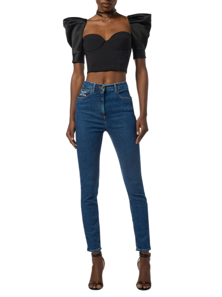 Elisabetta Franchi black crepe and duchesse top with balloon sleeves