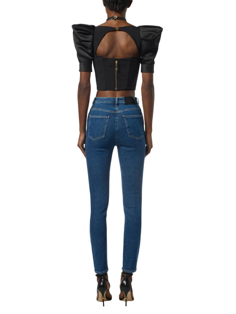 Elisabetta Franchi black crepe and duchesse top with balloon sleeves