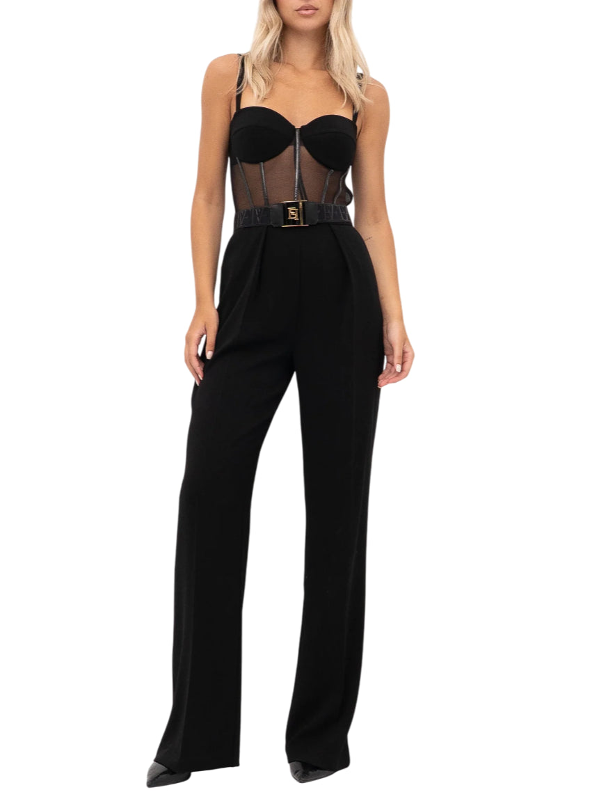 Elisabetta Franchi black tulle and crepe jumpsuit