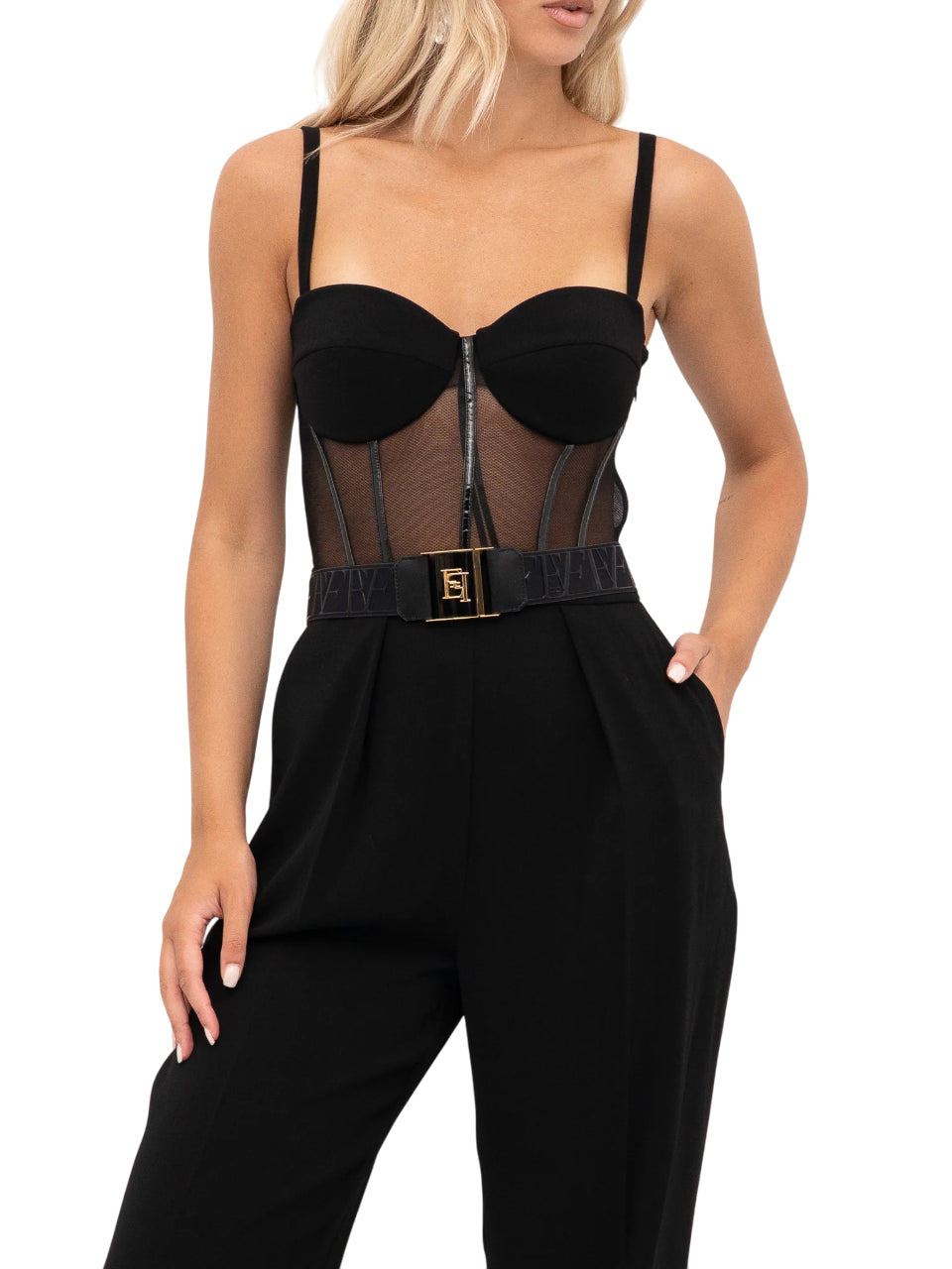 Elisabetta Franchi black tulle and crepe jumpsuit