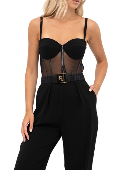 Elisabetta Franchi black tulle and crepe jumpsuit