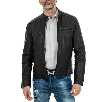 Men's Slim Fit Black Genuine Leather Biker Jacket Mandarin Collar Four Pockets Rindway