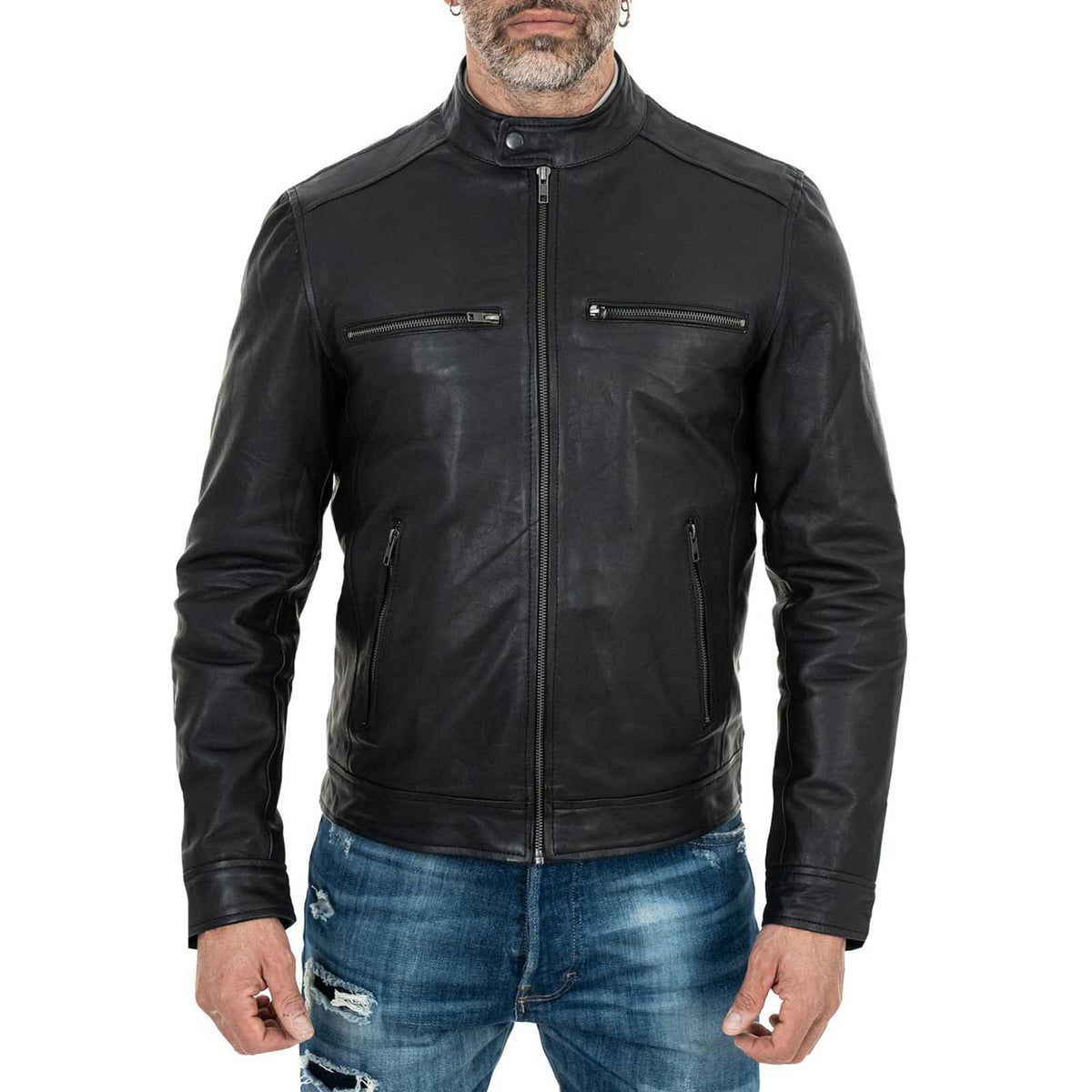 Men's Slim Fit Black Genuine Leather Biker Jacket Mandarin Collar Four Pockets Rindway