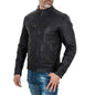 Men's Slim Fit Black Genuine Leather Biker Jacket Mandarin Collar Four Pockets Rindway