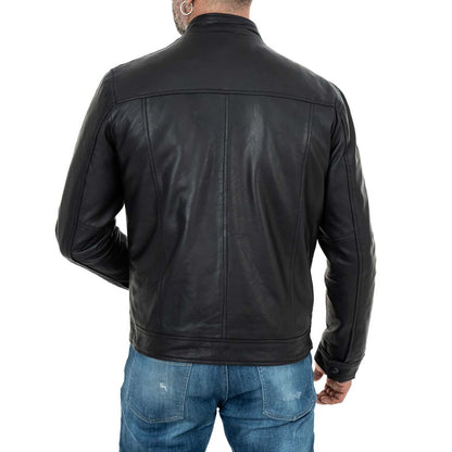 Men's Slim Fit Black Genuine Leather Biker Jacket Mandarin Collar Four Pockets Rindway