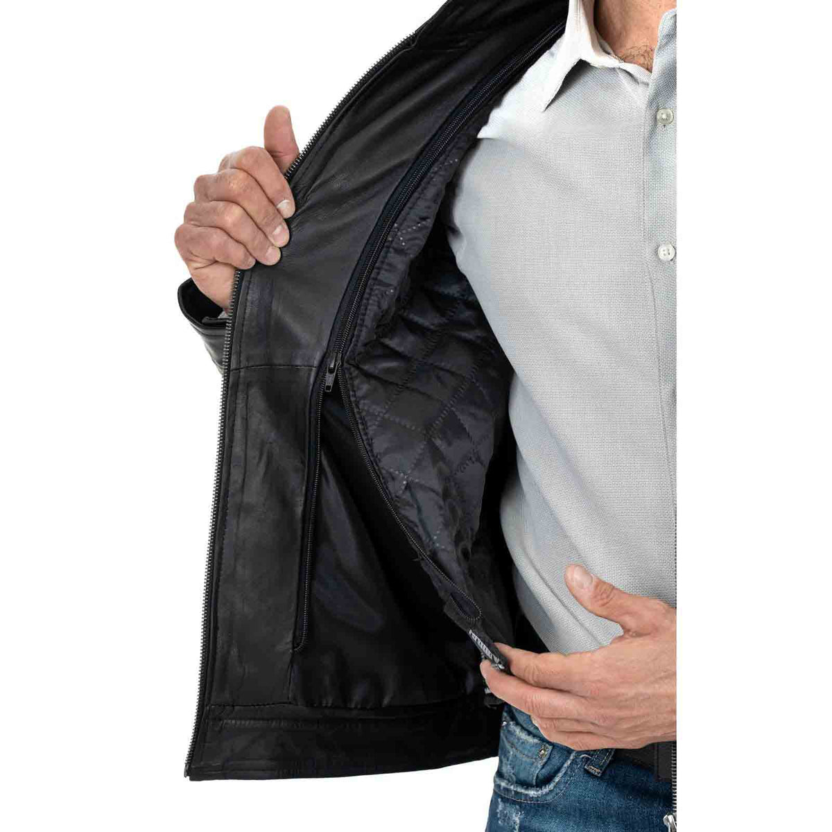 Men's Slim Fit Black Genuine Leather Biker Jacket Mandarin Collar Four Pockets Rindway