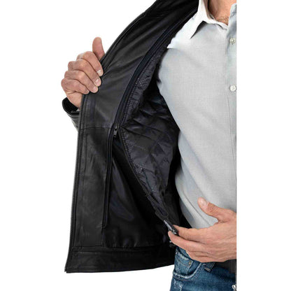 Men's Slim Fit Black Genuine Leather Biker Jacket Mandarin Collar Four Pockets Rindway